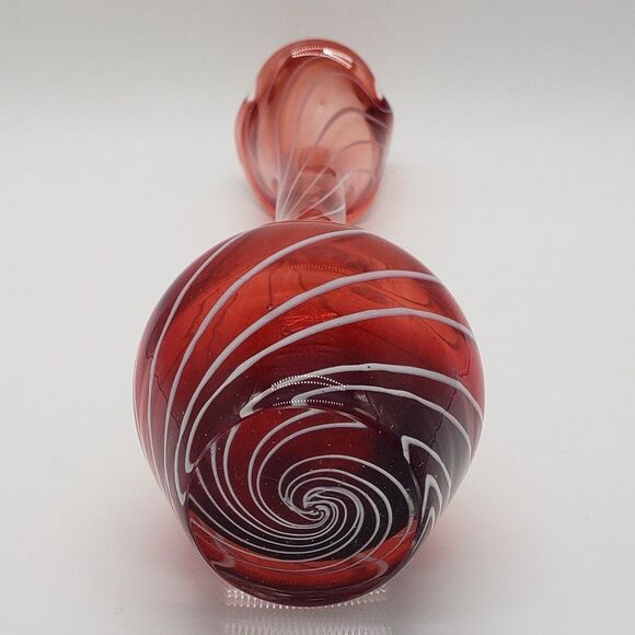 Vintage Esborg, Denmark 1970s Red Cranberry White Swirl Art Glass Vase - Picture 2 of 13